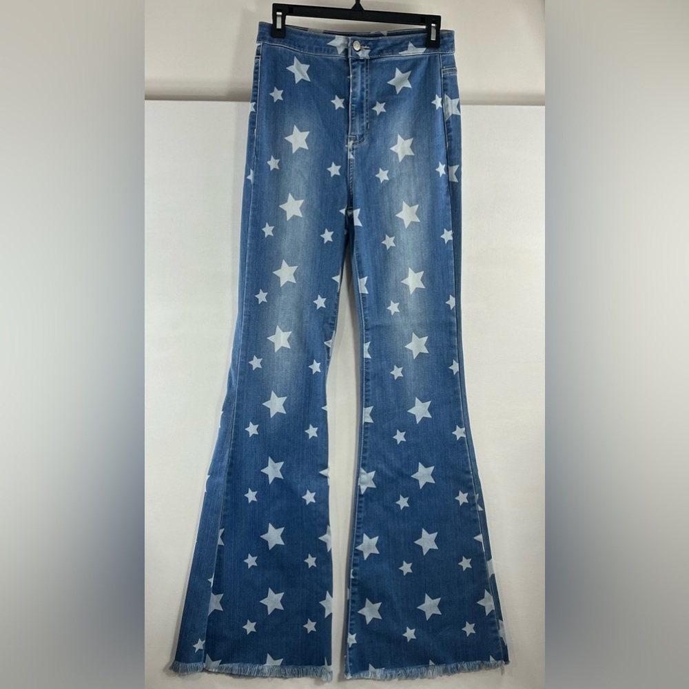 Cello Women’s Juniors High Rise Star Denim Fringe Flare legs Blue Jeans Size 9